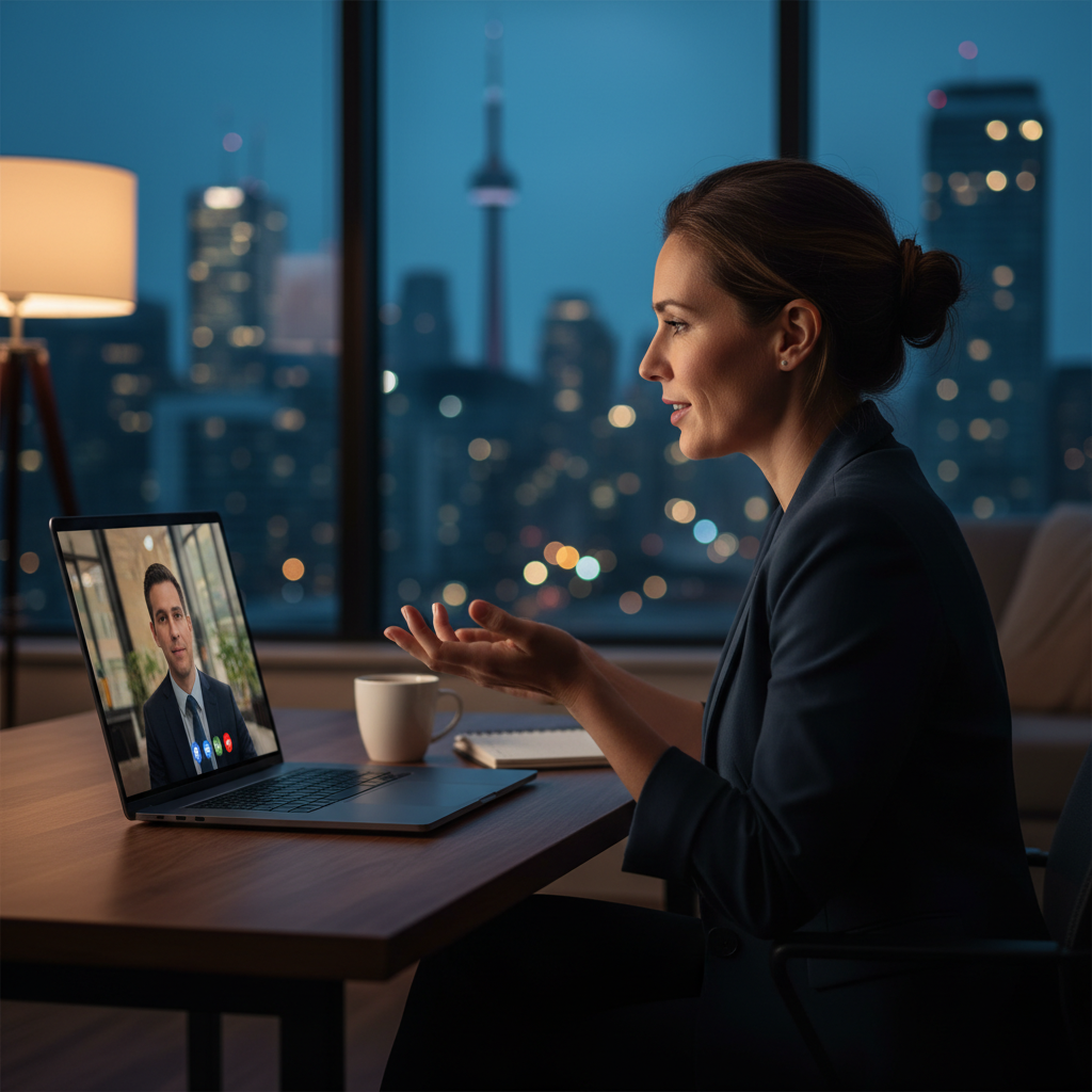 Toronto entrepreneur on a video call with a U.S. registered agent to finalize US LLC formation steps