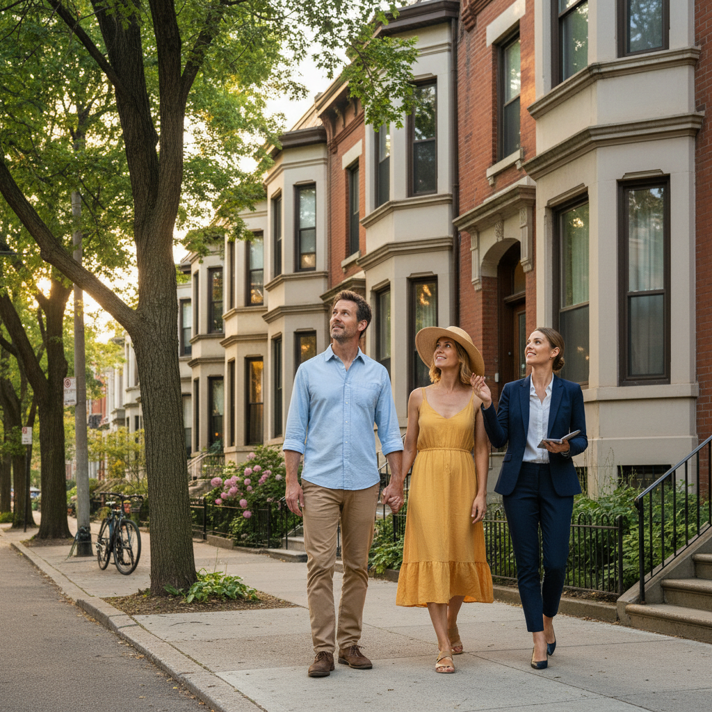 Couple touring a Toronto townhouse with a real estate agent, reflecting the buying process in Toronto, Ontario