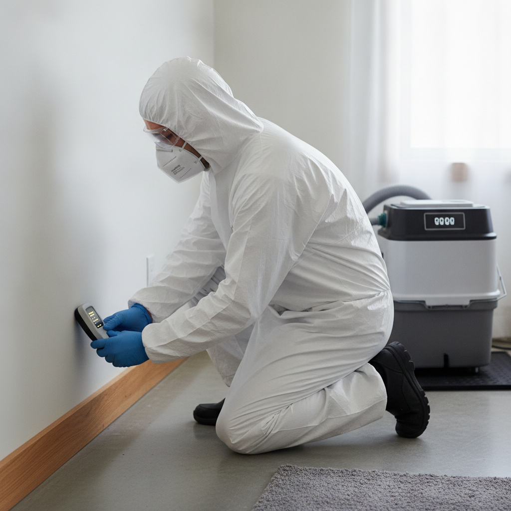 Technician measuring drywall moisture near a baseboard to verify drying during mold removal