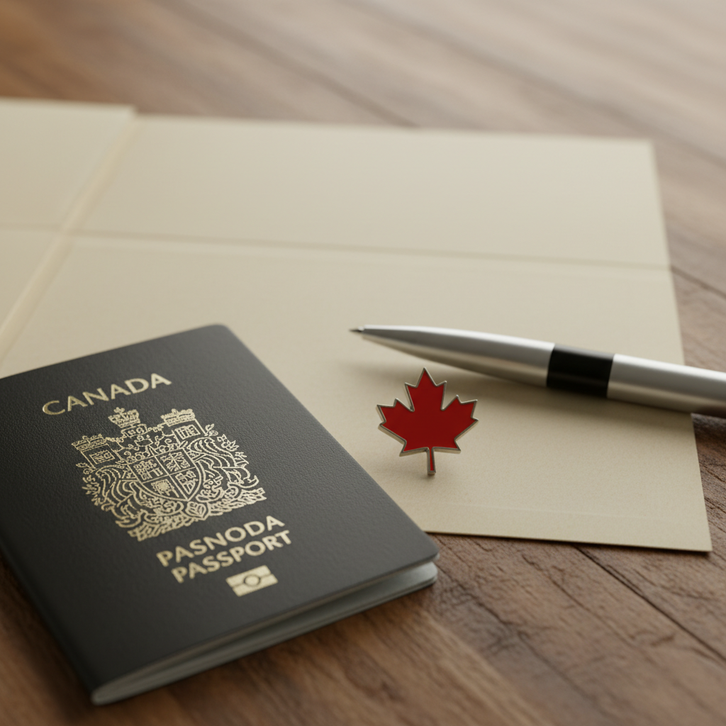 Canadian passport detail shot next to PR application materials, illustrating Canada permanent residency preparation