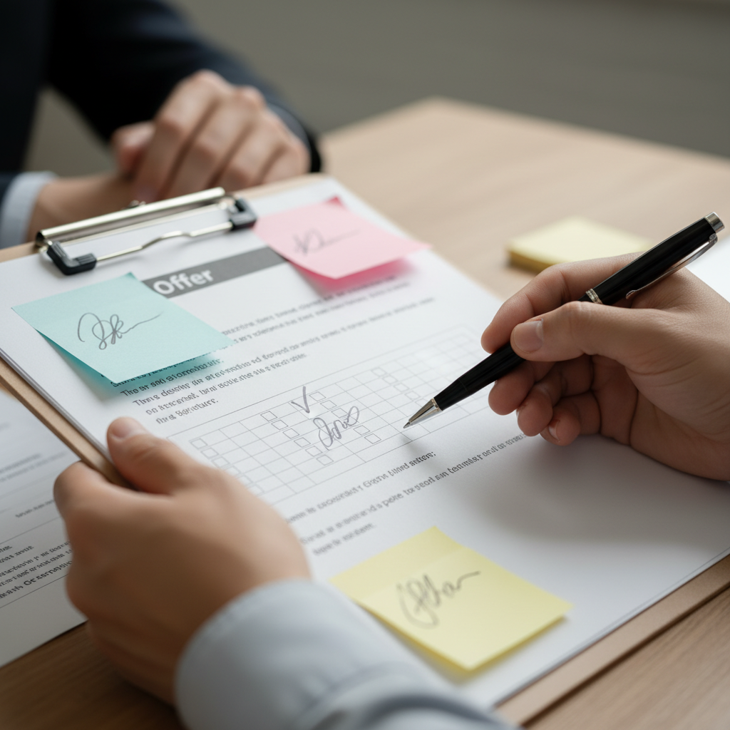 Close-up of a seller comparing multiple home offer documents on a clipboard with pen and notes, evaluating terms and deposit details