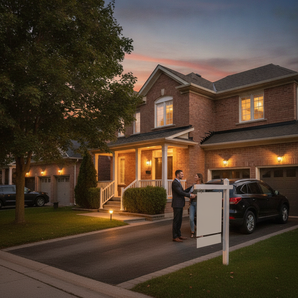 Side-angle evening view of a brick home exterior in Brampton with an agent greeting sellers, symbolizing a successful home offer acceptance