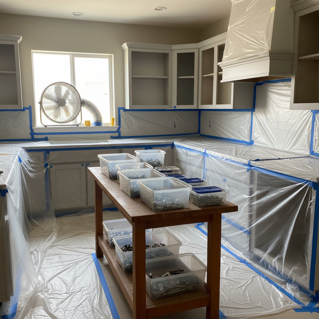 Kitchen masked and prepped for cabinet refinishing in York Toronto with plastic sheeting, labeled hardware, and pro ventilation setup