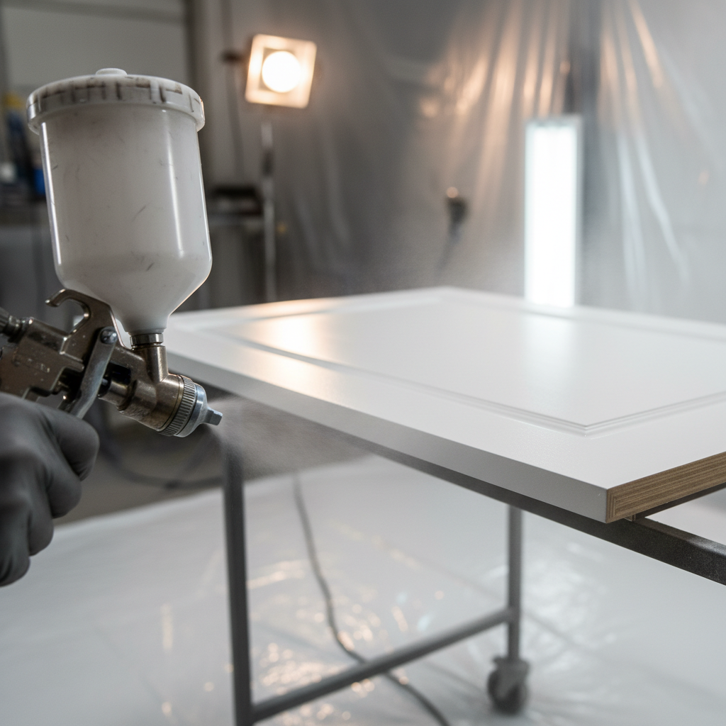 Close-up HVLP spray painting a cabinet door for kitchen cabinet refinishing in Toronto, showing even satin finish and pro technique