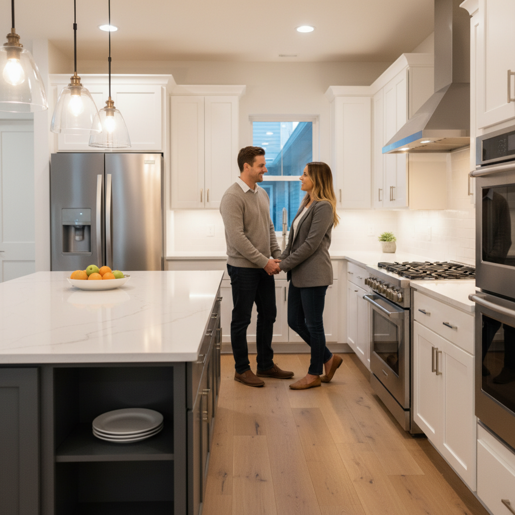 Realtor guiding buyers through a modern Cambridge kitchen, illustrating local buyer representation and tour coordination in Waterloo Region