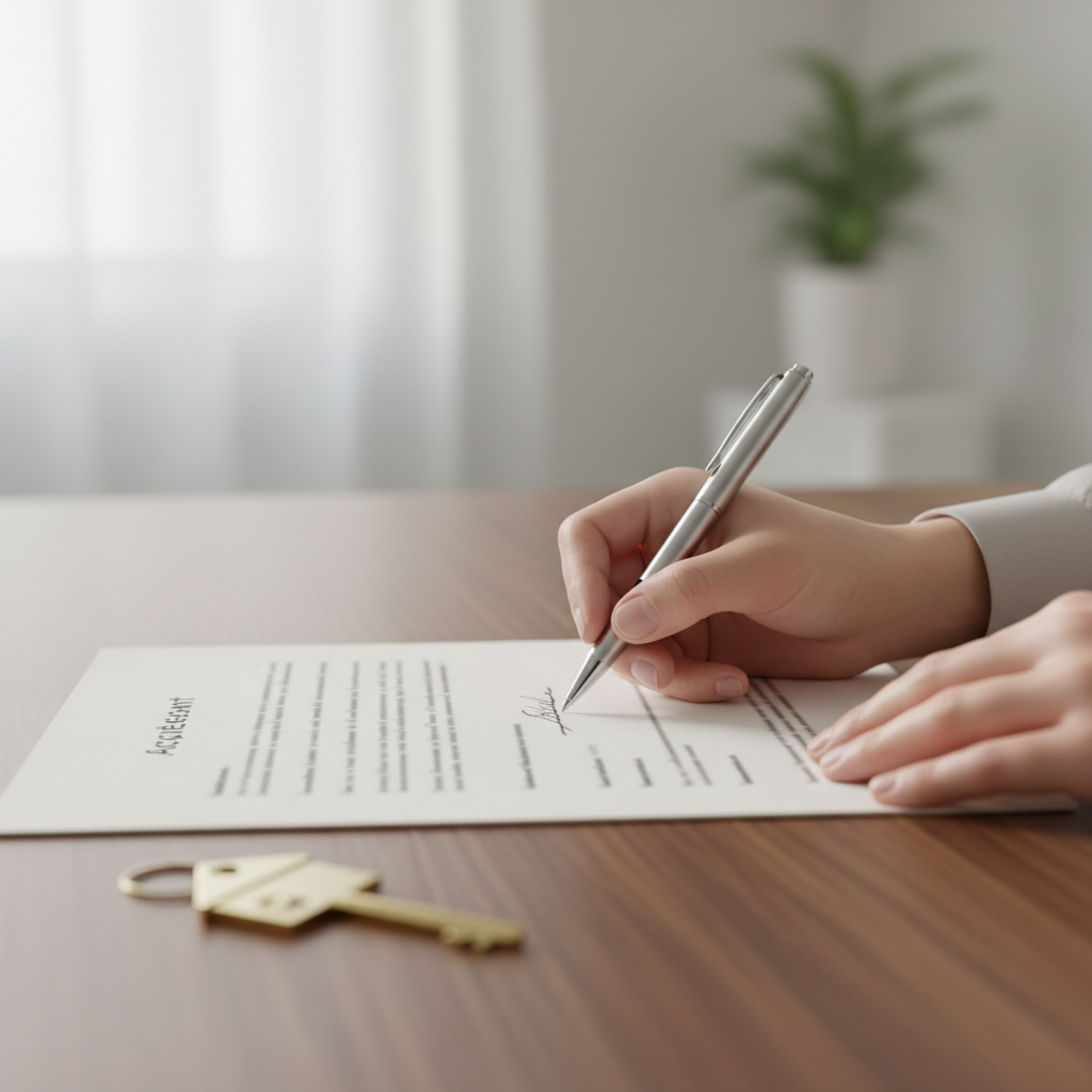 Close-up of hands signing a buyer representation agreement with a house key on desk, illustrating how a buyer’s agent contract works in GTA and Cambridge