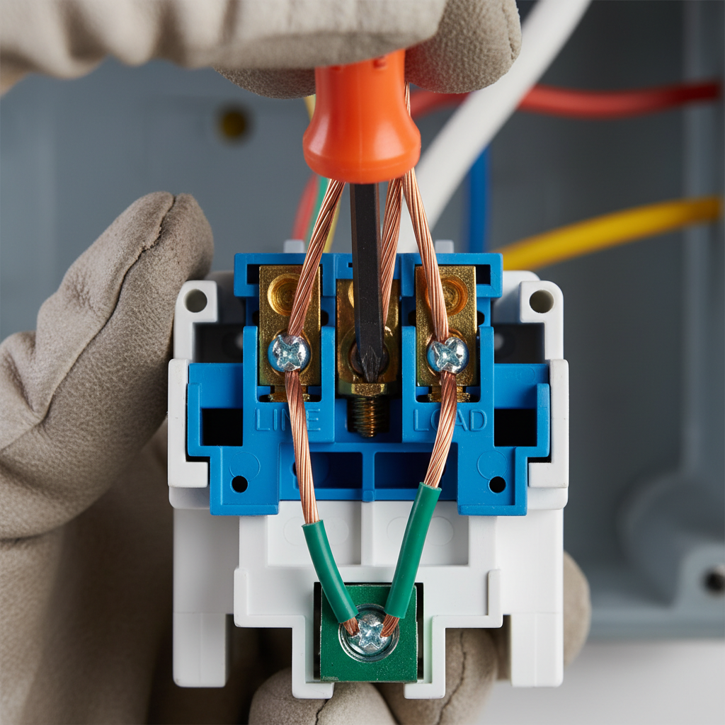 Close-up wiring of a GFCI outlet showing LINE and LOAD terminals during installation