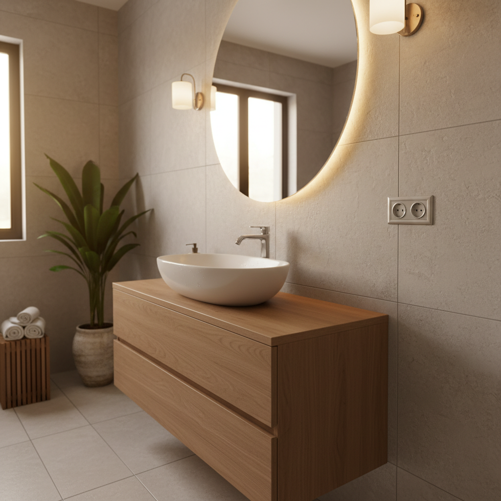 Bathroom vanity scene with a GFCI outlet near the sink, emphasizing wet-location safety