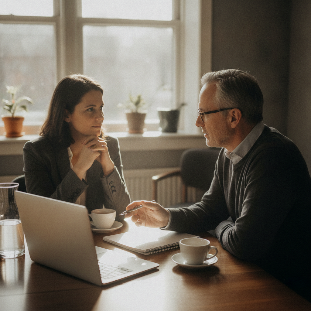 Small business owner meeting a Parramatta tax advisor to plan payroll STP and bookkeeping workflows