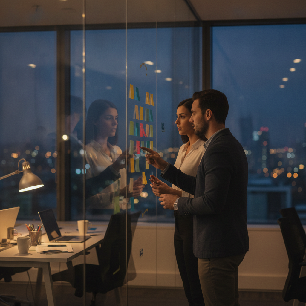 CCBA vs ECBA preparation: two business analysts collaborating on requirements and prioritization in an evening office scene