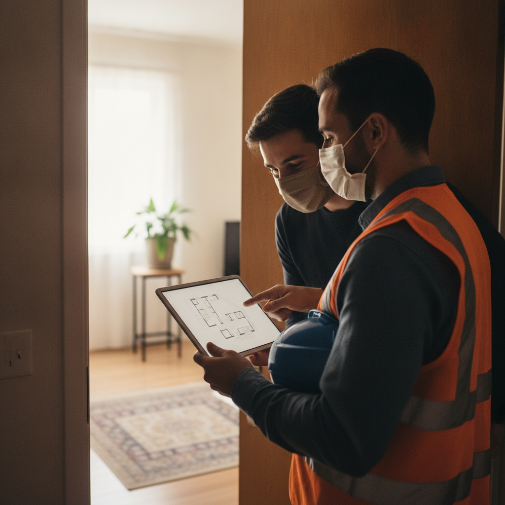 Superintendent and tenant reviewing a tablet at the doorway during an occupied renovation in London, Ontario