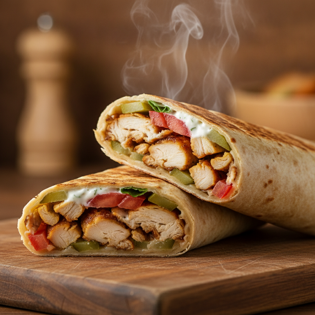 Close-up of a chicken shawarma wrap with pickles and garlic sauce showing freshness for pickup or delivery