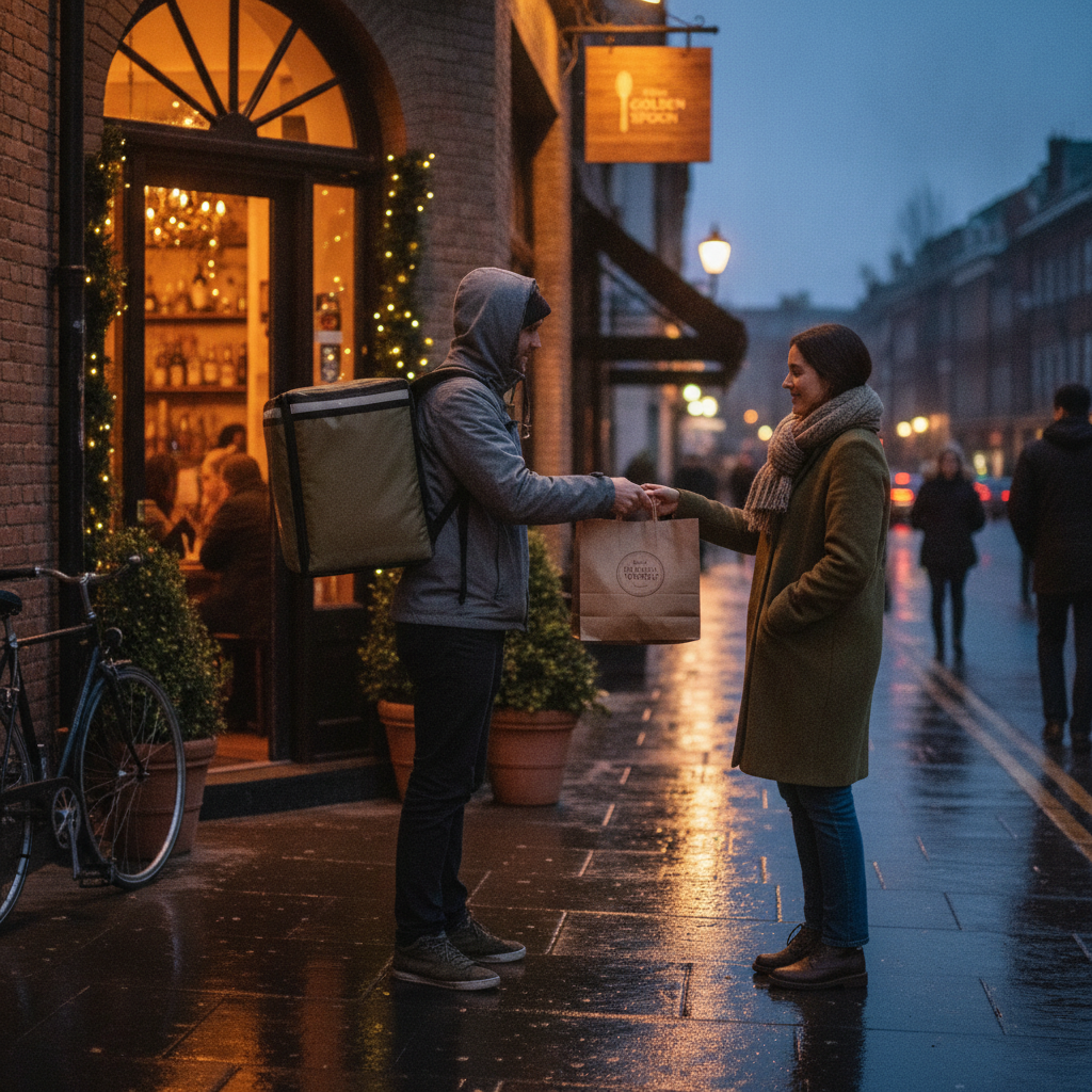 Delivery handoff outside a cozy restaurant in Toronto, illustrating shawarma delivery vs pickup decisions