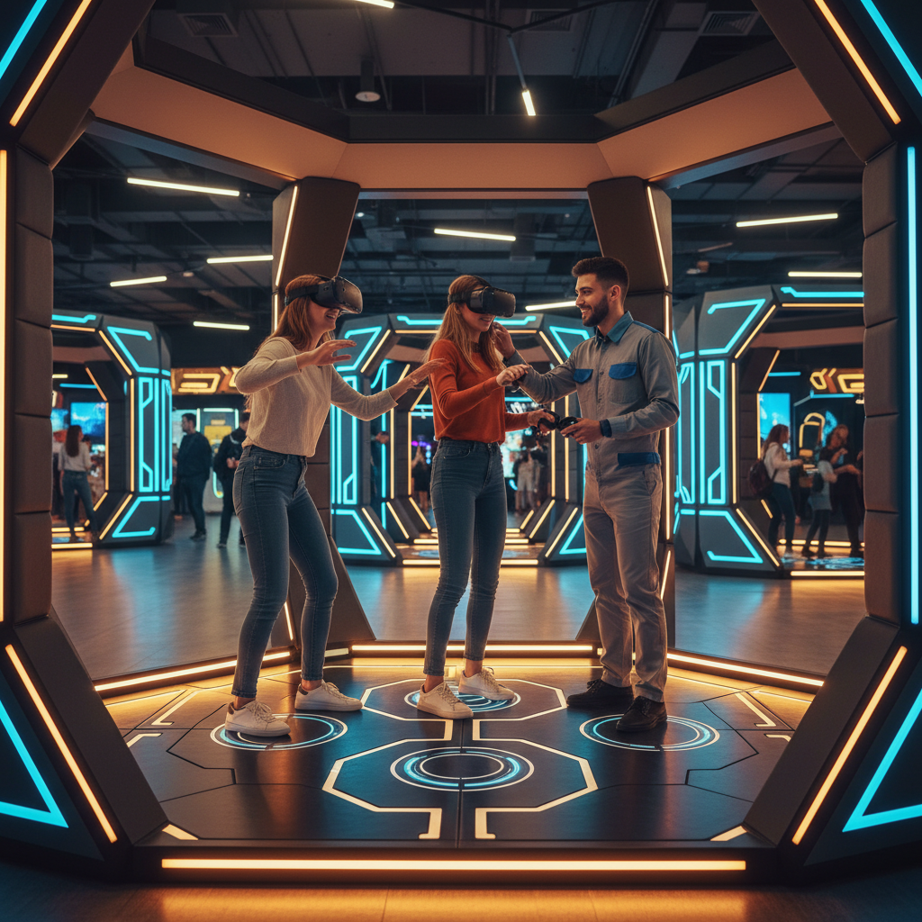 Small group in a spacious VR arcade pod using room-scale tracking with staff assisting headset fit and controllers
