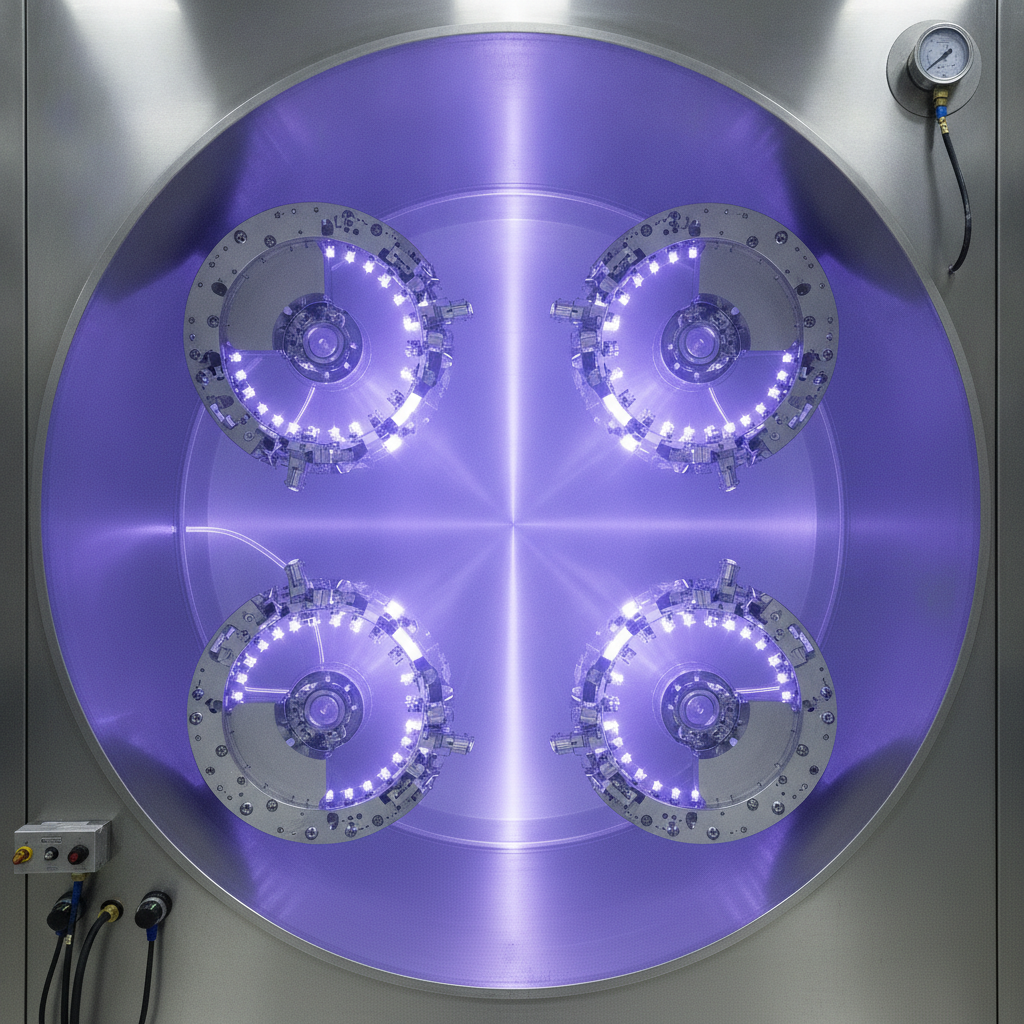 Wide shot of a modern PVD coating chamber with rotating fixtures and uniform purple-blue plasma glow for physical vapor deposition methods overview
