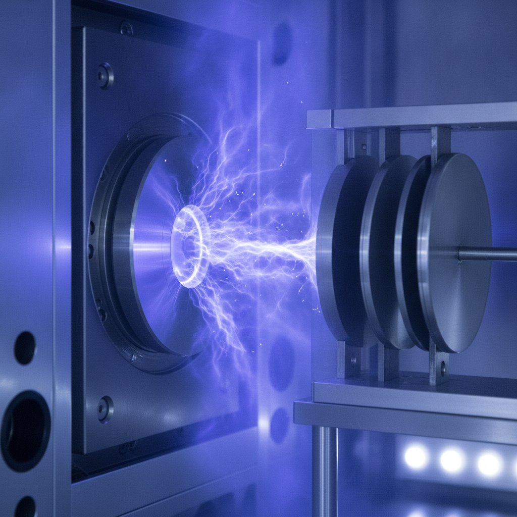 Macro close-up of sputtering target and plasma plume for physical vapor deposition methods, showing target erosion and substrate rack under cool blue plasma light