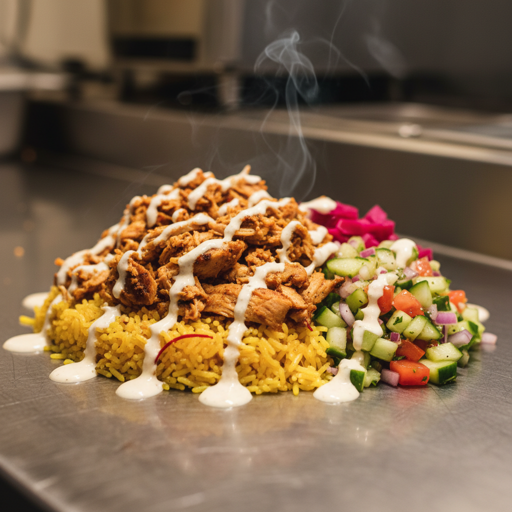 Halal chicken shawarma bowl for corporate halal lunch catering with saffron rice and fresh salad