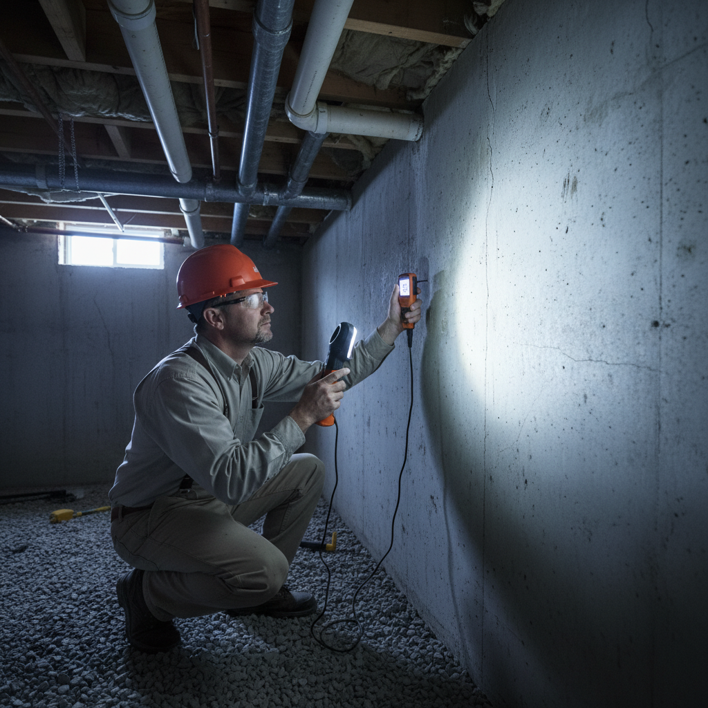 Inspector checking basement foundation and exposed plumbing with a moisture meter during a certified home inspection