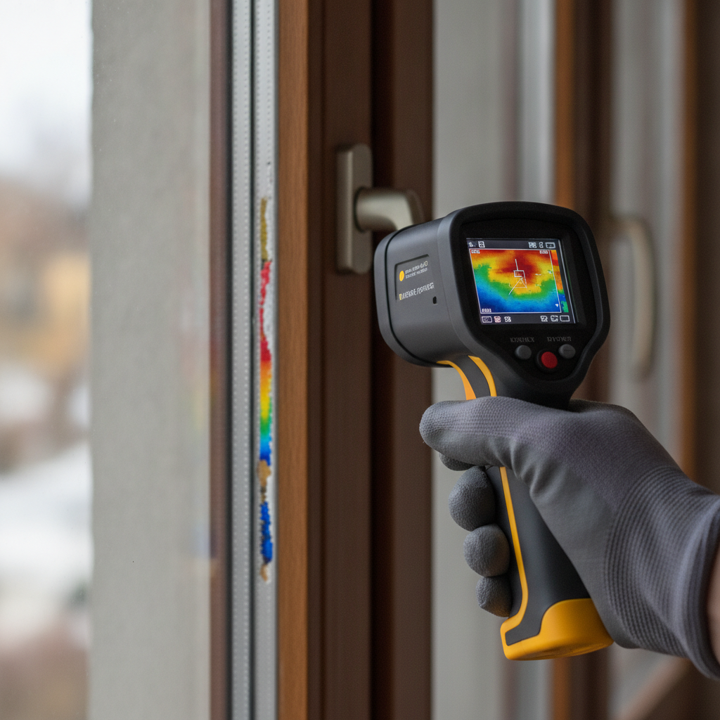 Thermal camera close-up used during certified home inspections to find heat loss and hidden moisture around a window frame