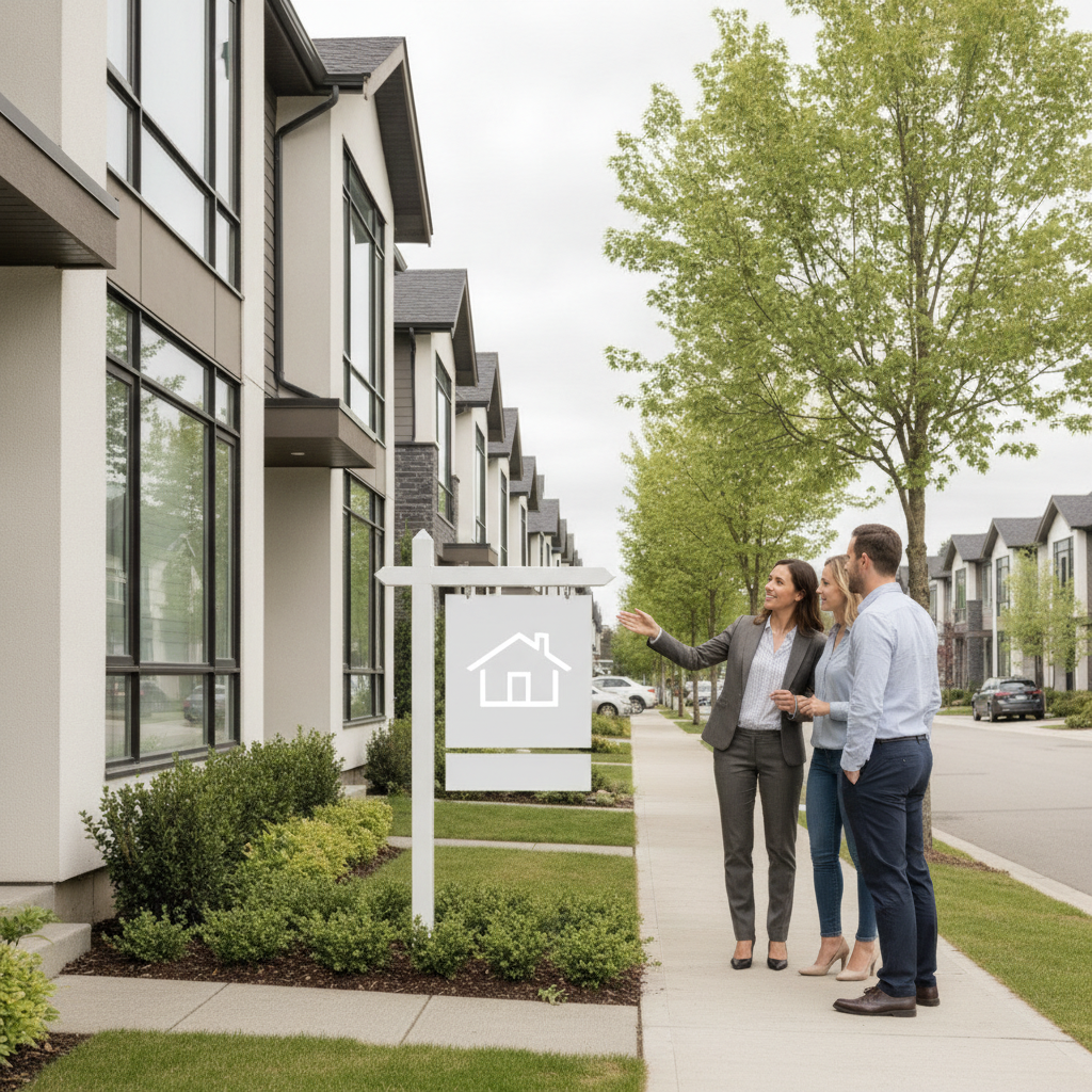Real estate agent touring a Surrey townhouse with buyers to validate home value strategy