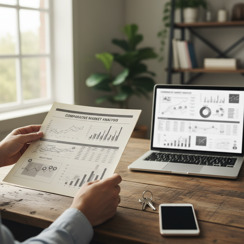 Homeowner reviewing a comparative market analysis for Surrey home value with charts and recent sales