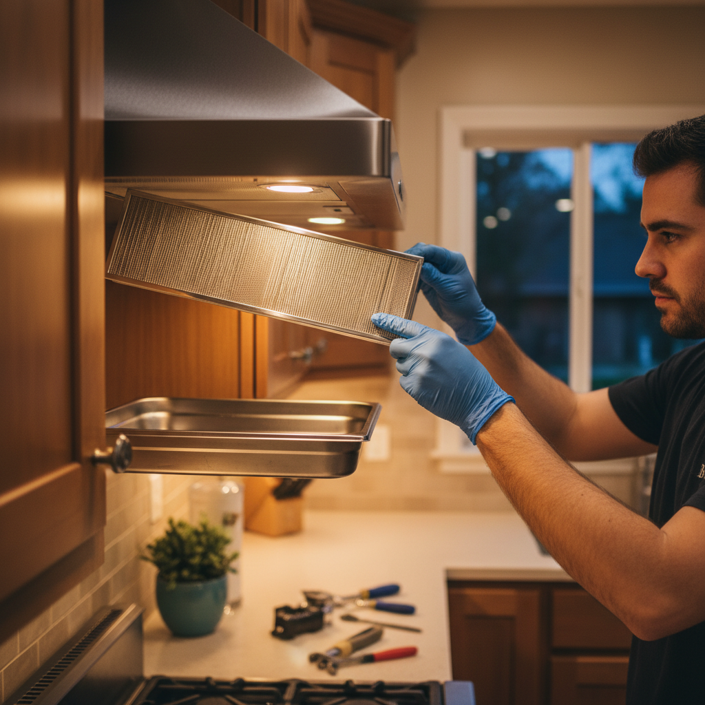 Technician reinstalling freshly cleaned hood baffle filters to improve kitchen airflow and safety