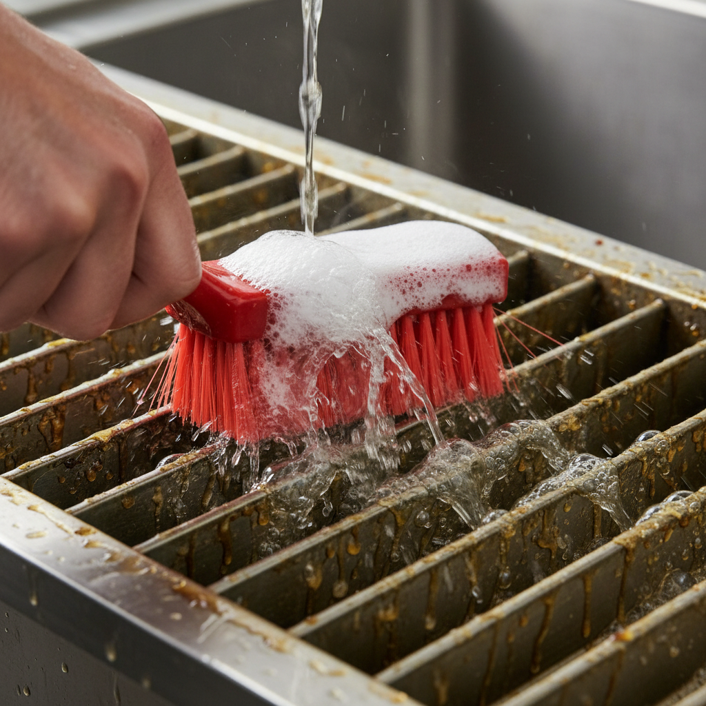 Close-up cleaning a stainless baffle filter with degreaser foam to clean range hood filter in a commercial kitchen