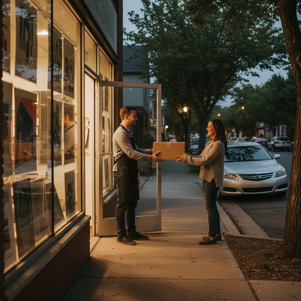 Curbside pickup scene outside a local Mississauga print shop for same day printing orders