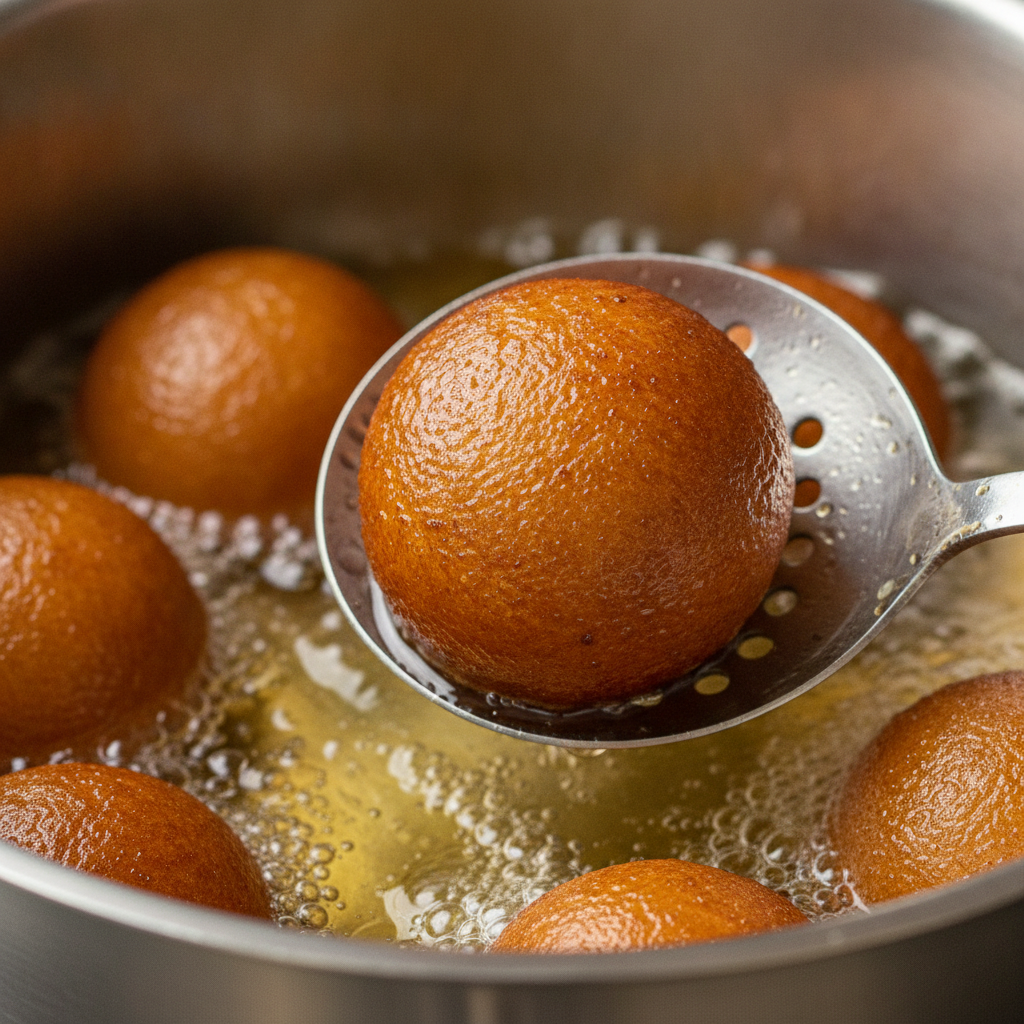 Close-up of gulab jamun frying at 312–320°F, showing even browning and tiny bubbles for authentic halwai texture