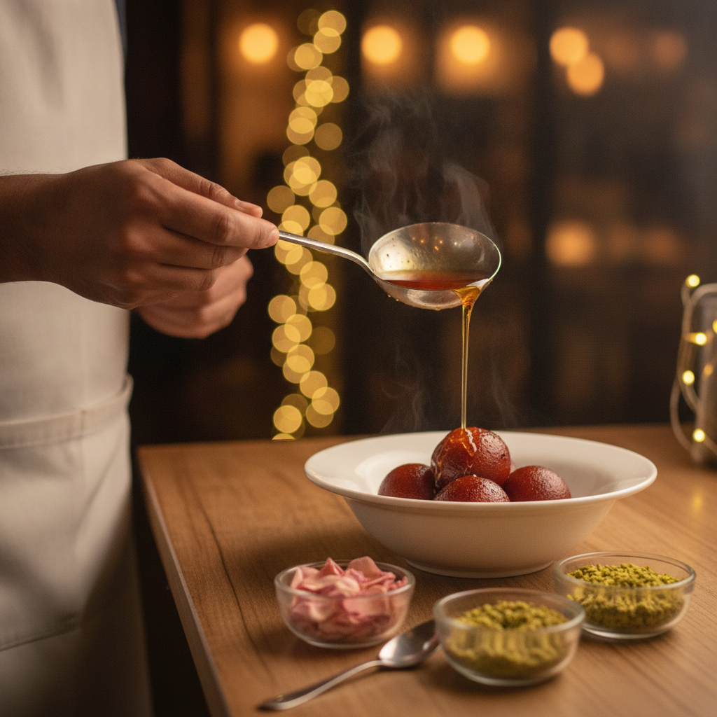 Gulab jamun being plated while warm syrup is poured, showing proper soak and sheen for authentic mithai presentation