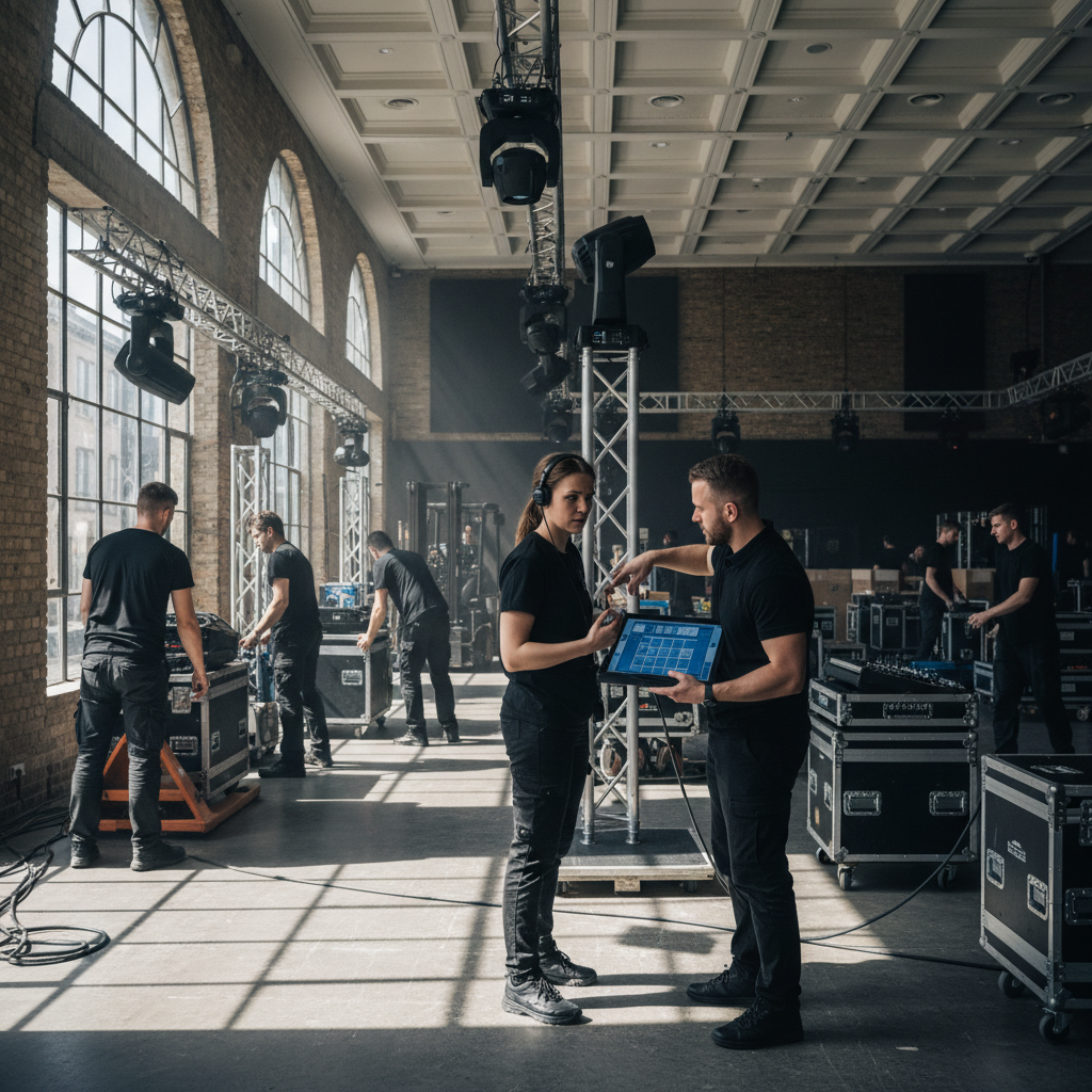 Event management team coordinating load-in at a modern London venue with lighting and audio equipment