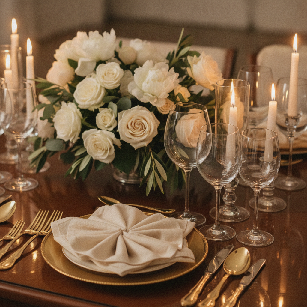 Luxury wedding tablescape close-up with crystal glassware, gold flatware, and floral centerpiece designed by an event management company in Greater London