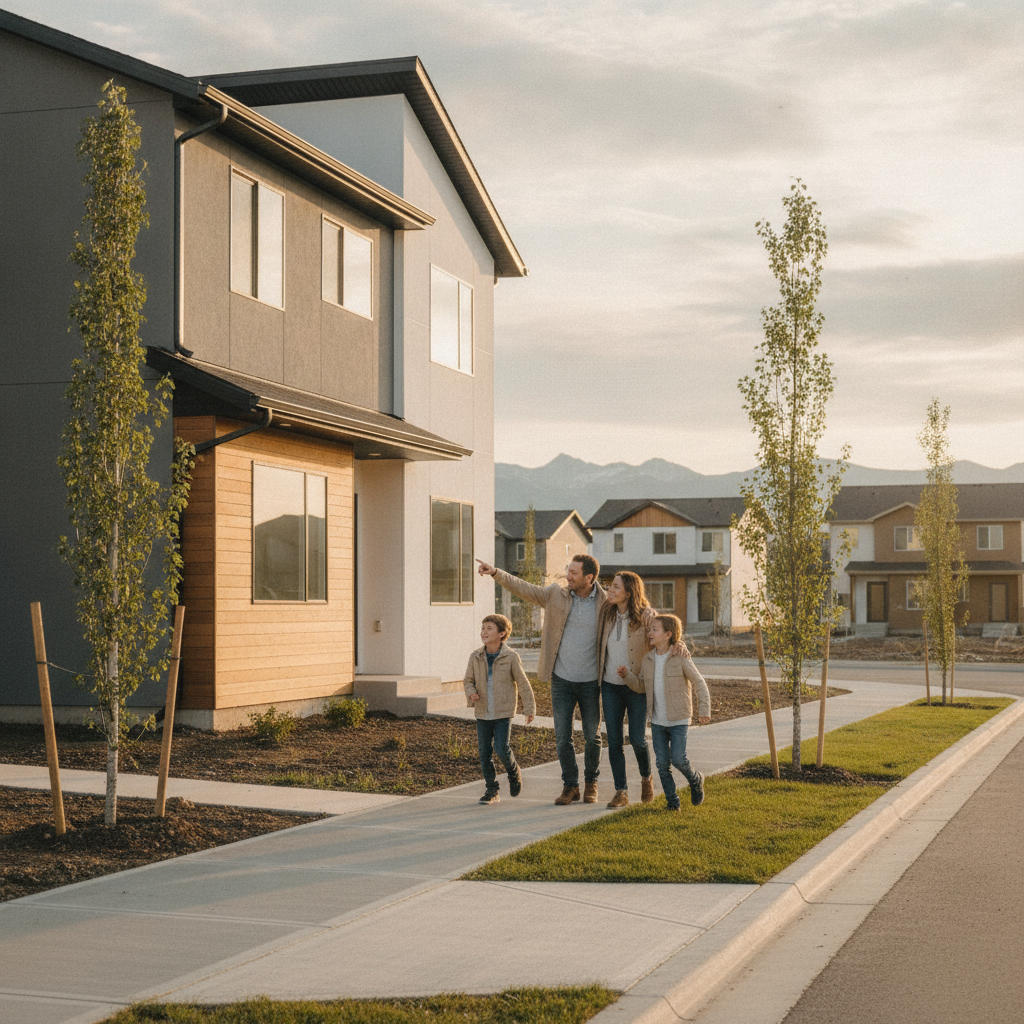 Family touring a duplex exterior in Sherwood Park at golden hour, reflecting typical home styles in Sherwood Park real estate