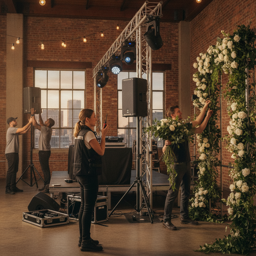 Event coordinator directing vendors during setup with DJ booth and lighting truss
