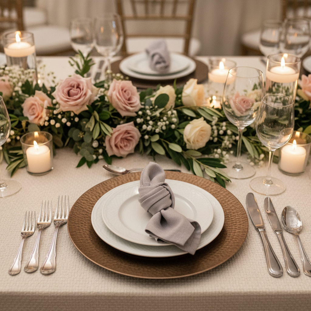 Luxury wedding tablescape planned by a party planner with elegant centerpieces and candles