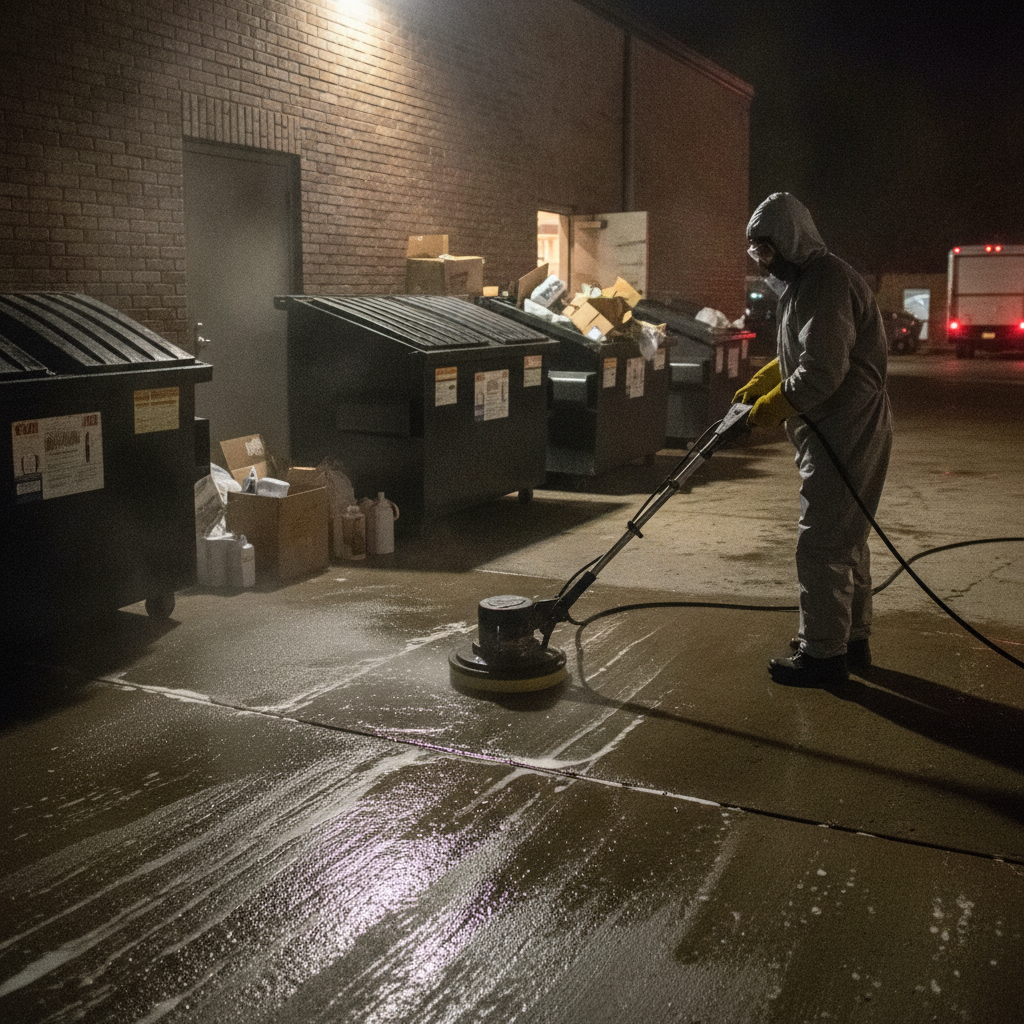 Night back-of-house power washing of a greasy concrete pad near dumpsters, technician using a surface cleaner for even results