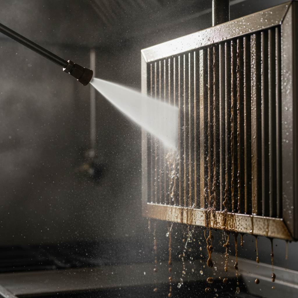 Close-up of commercial power washing removing grease from a stainless kitchen hood baffle filter, showing effective degreasing technique