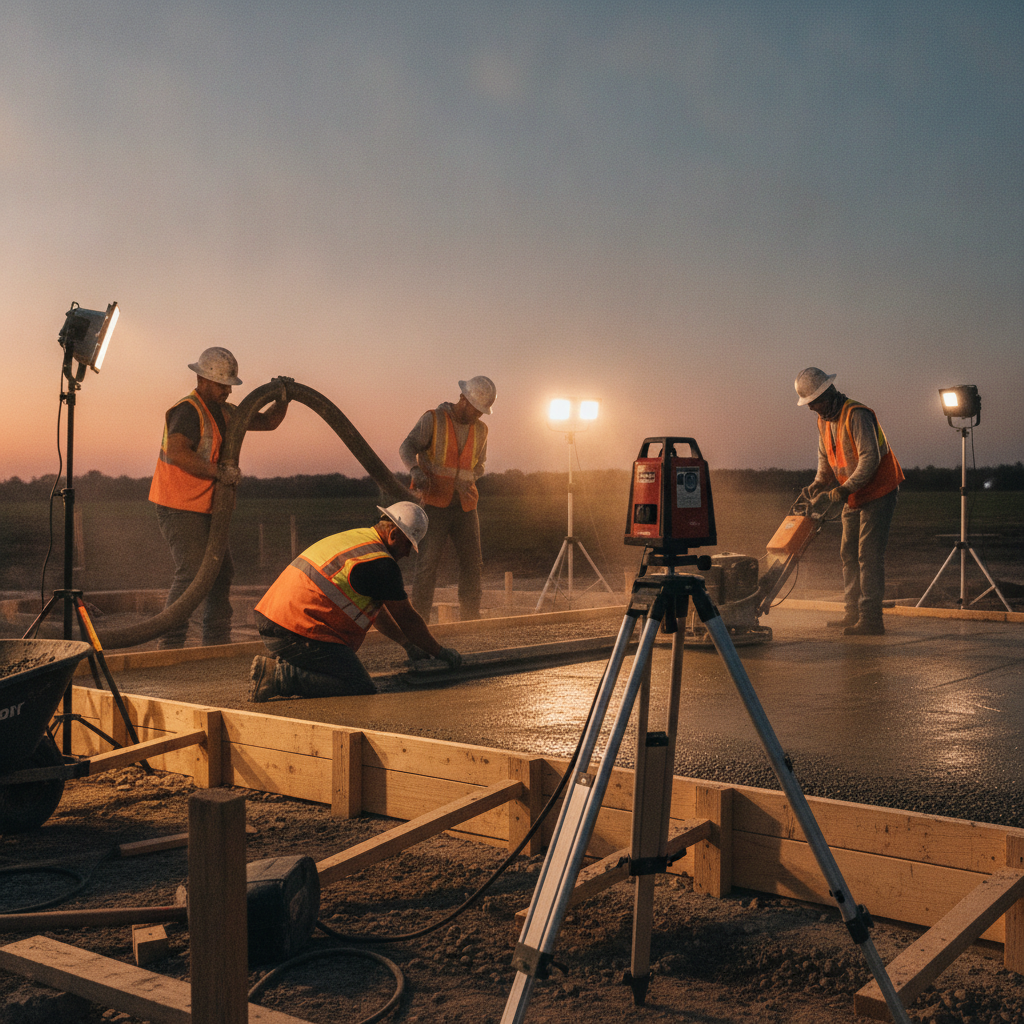 Concrete crew pouring slab under construction management oversight for a Texas convenience store site at dusk