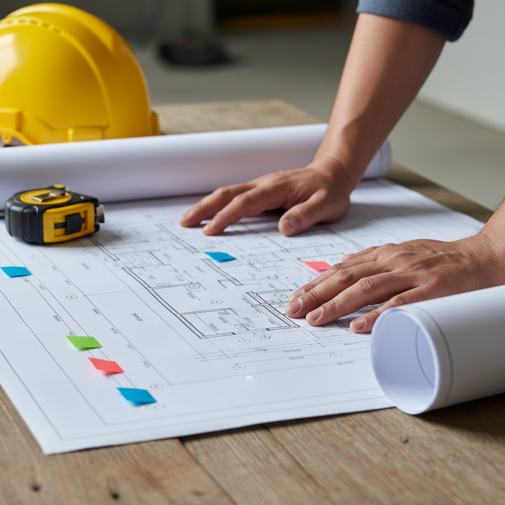 Construction management detail shot with blueprints, hard hat, and measuring tools used to plan gas station construction in Texas