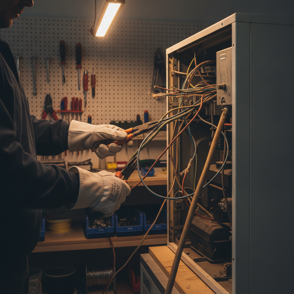 Technician removing wiring from an appliance to harvest copper cable scrap safely in a workshop