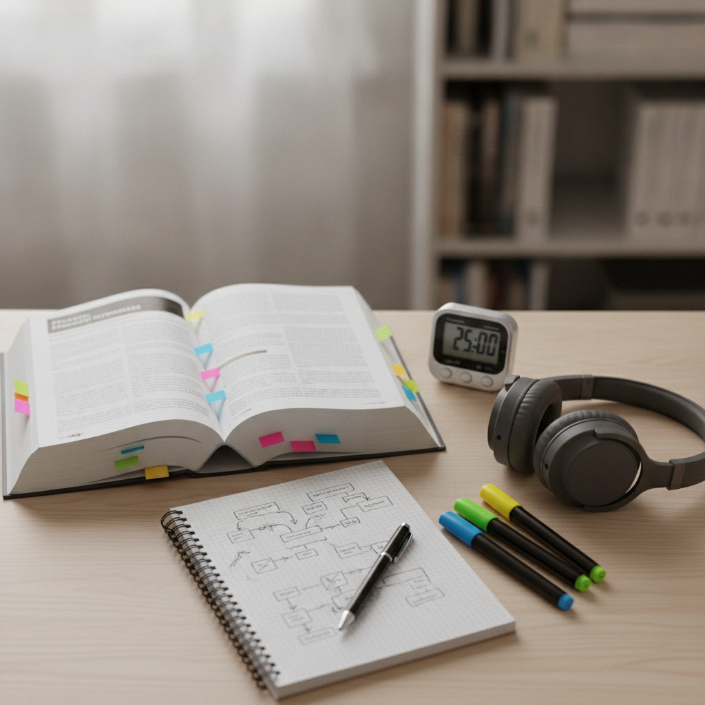 Close-up of PMP exam prep essentials organized on a desk: timer, tabs, highlighters, and notes for avoiding common PMP exam mistakes