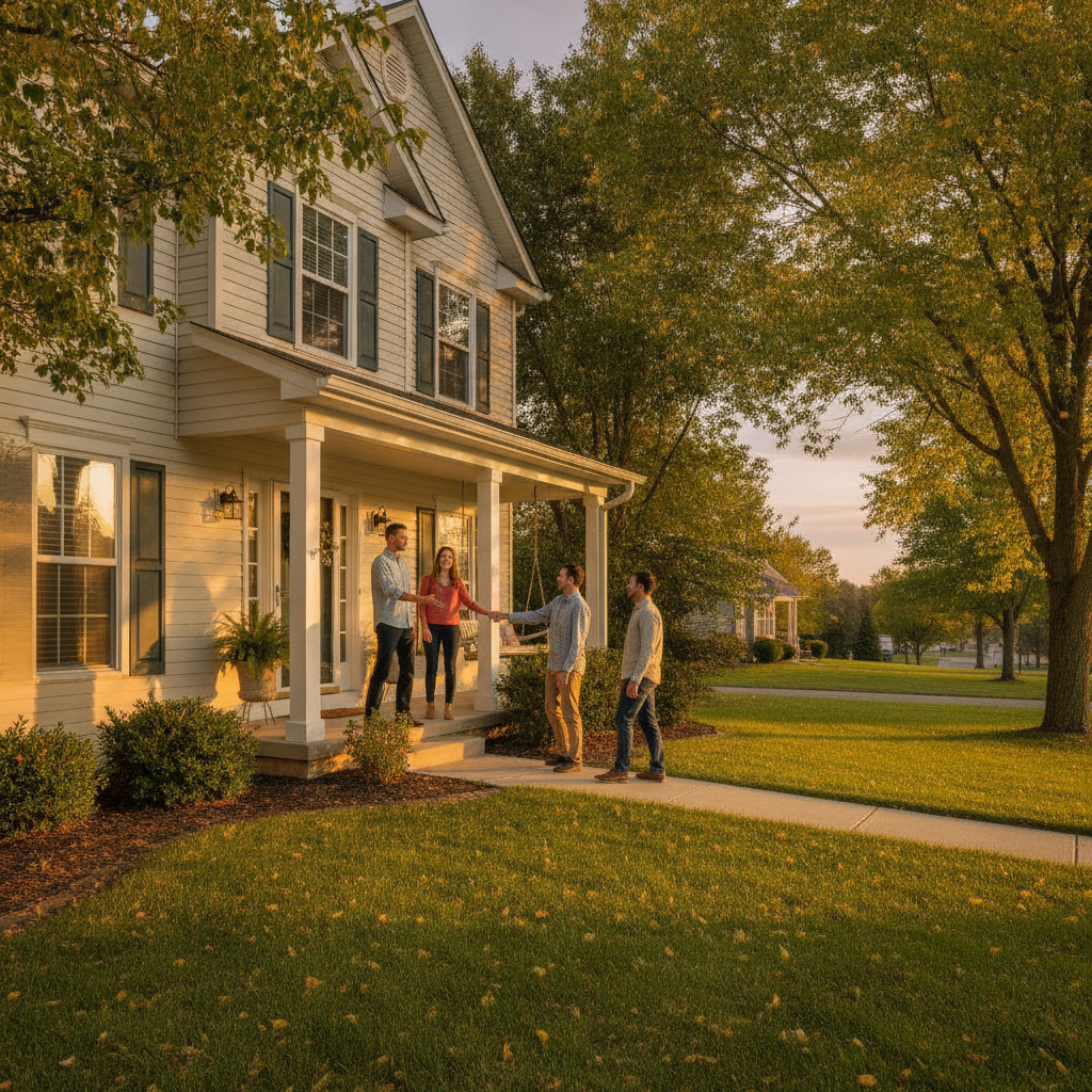 Golden-hour exterior of a suburban Canadian home with welcoming porch and visitors arriving for a showing