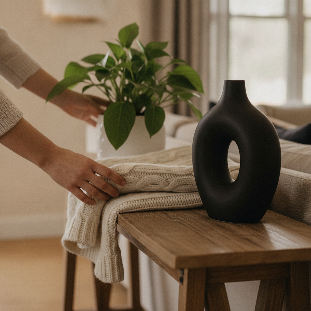 Close-up of hands staging a console table with plant and decor for a home listing on a social real estate platform