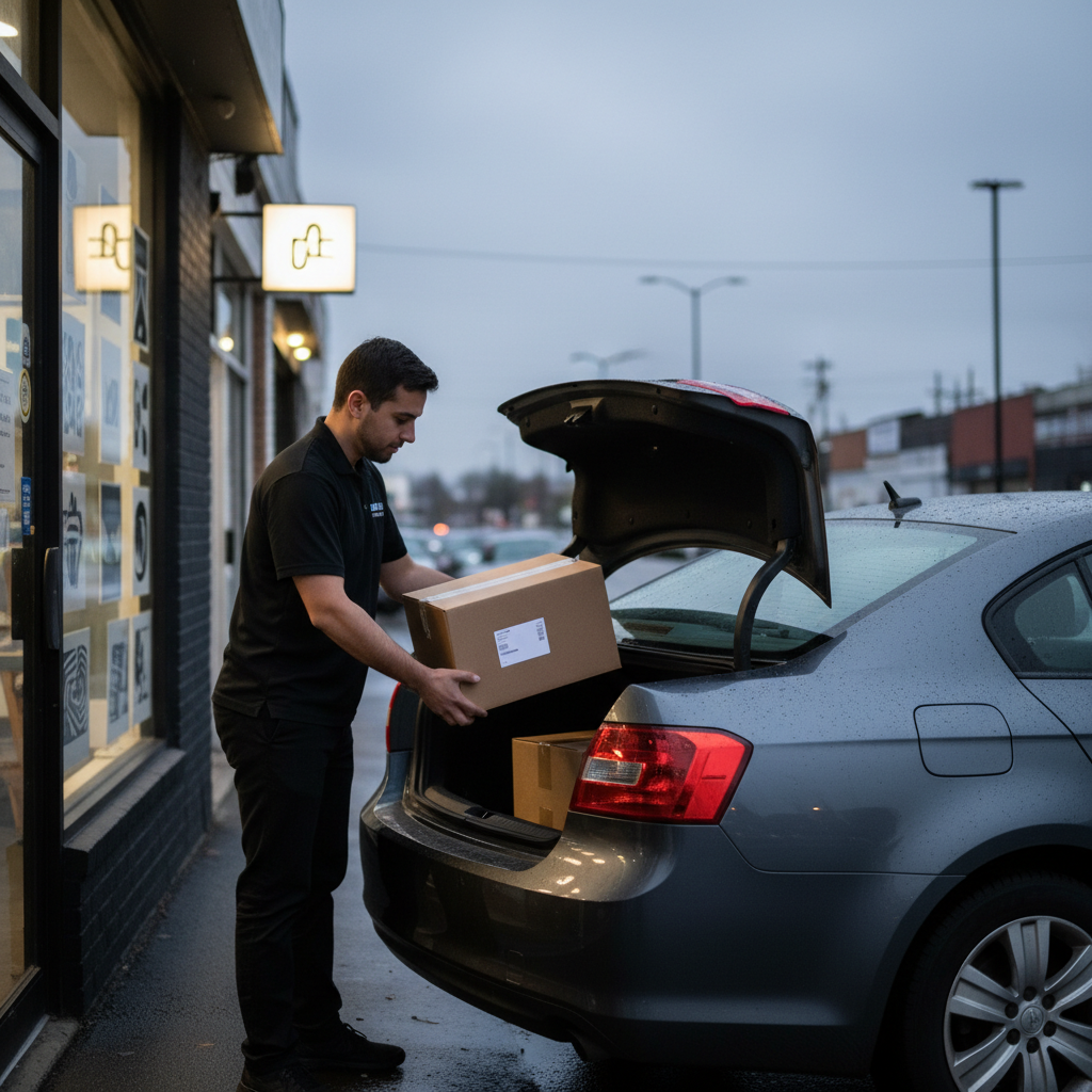 Curbside pickup scene in Mississauga with a print shop employee loading a sealed package into a client’s trunk for quick local print order handoff