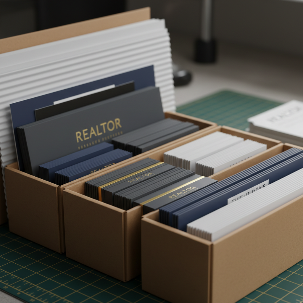 Freshly printed realtor signs, flyers, and luxury business cards staged in kraft boxes for quick Mississauga same-day pickup