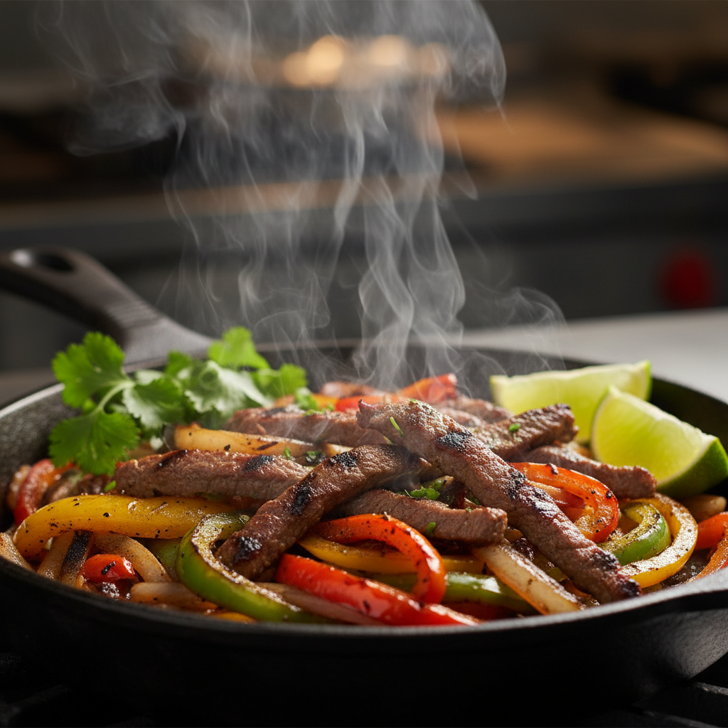 Close-up of sizzling grilled fajita vegetables and steak in cast-iron skillet for Mexican catering in Toronto