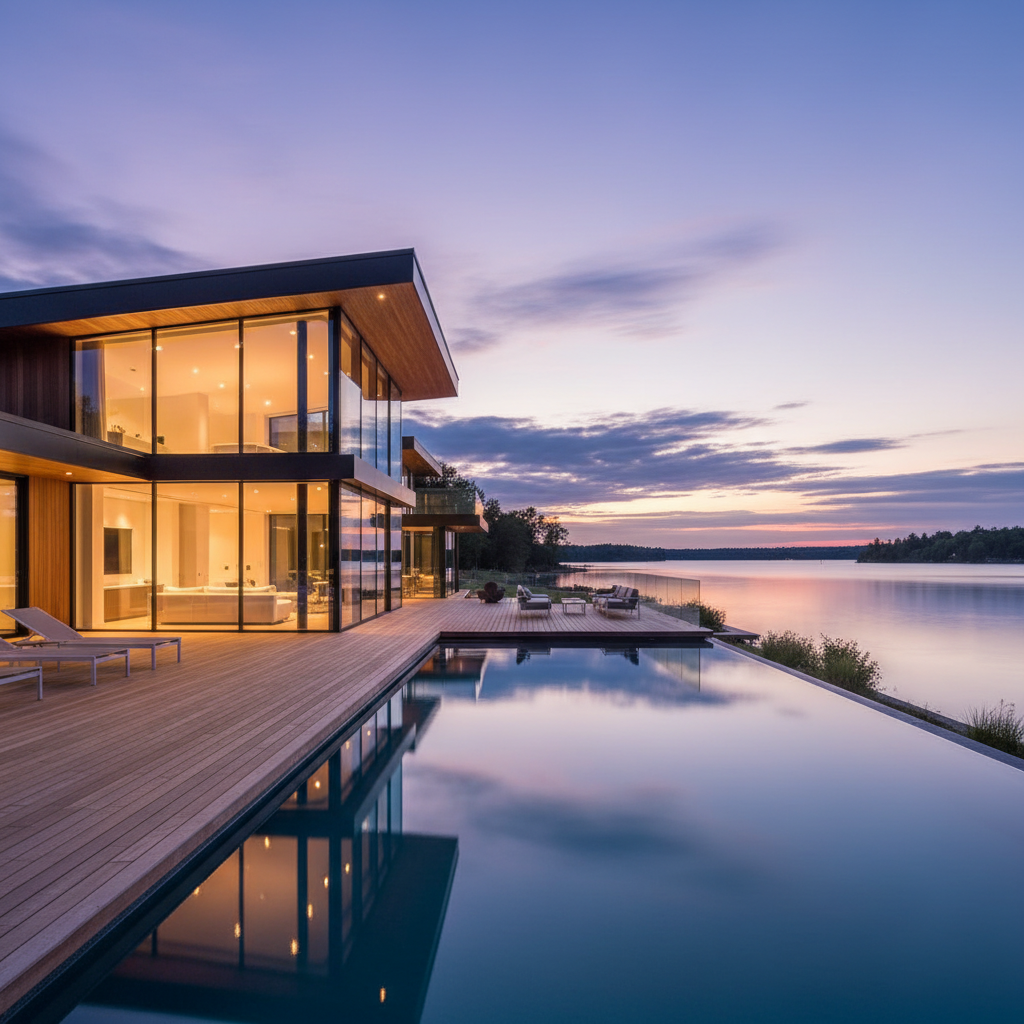 Twilight view of a lakefront luxury home near Toronto with glowing windows and an infinity-edge pool