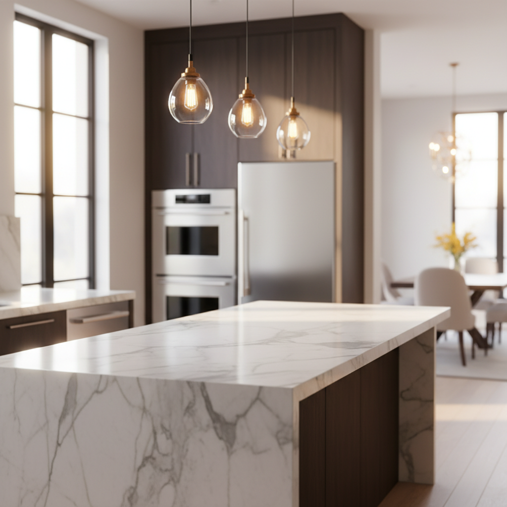Luxury kitchen detail in a GTA luxury home with marble waterfall island and premium appliances