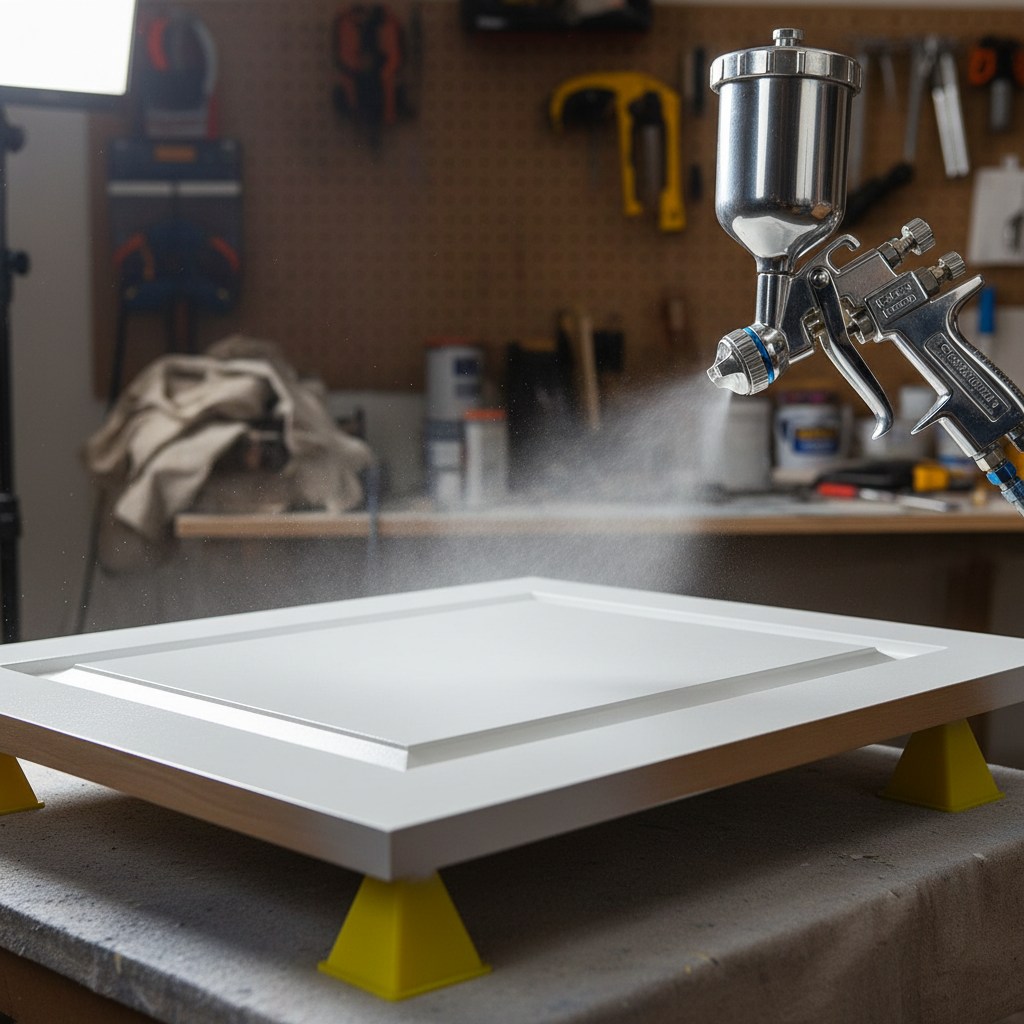 Close-up HVLP spray gun applying cabinet paint for a smooth, before-and-after kitchen cabinet painting finish