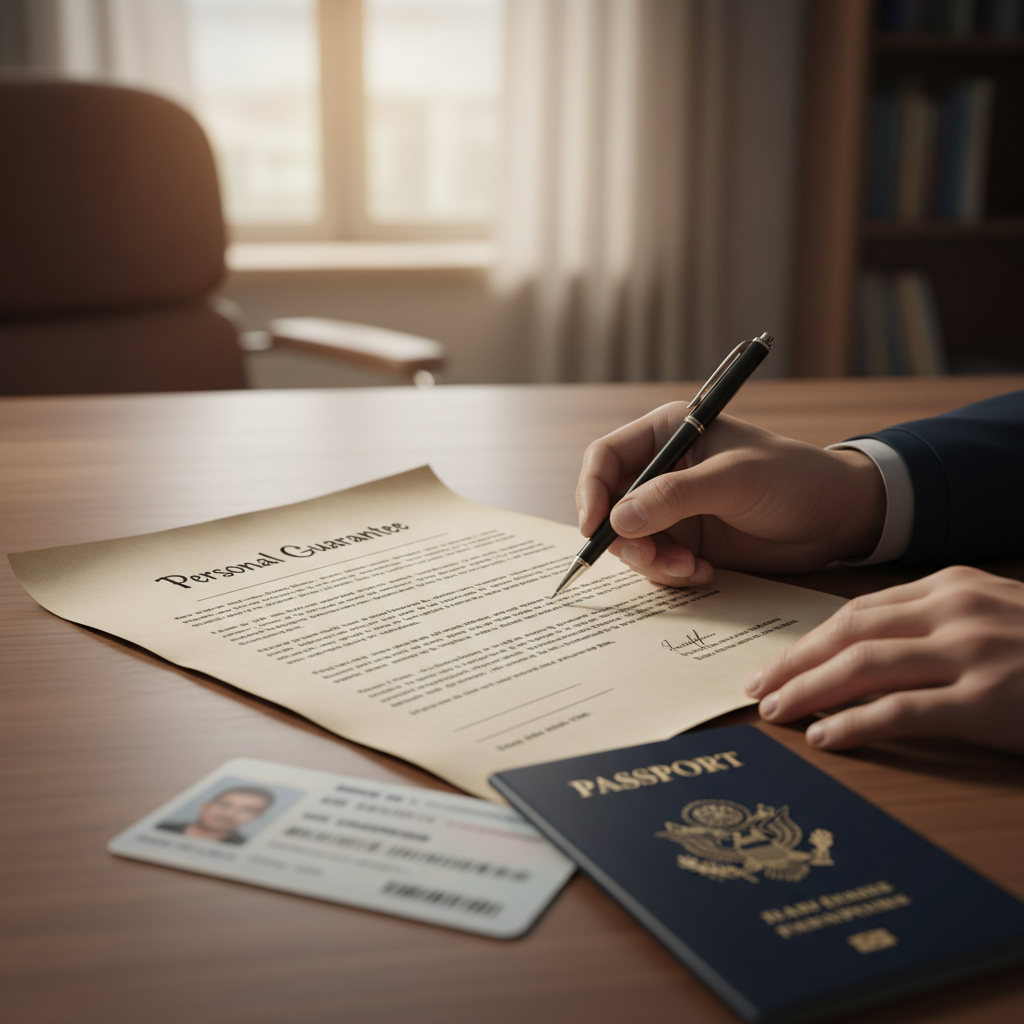 Close-up of a guarantor signing after independent legal advice, with ID and documents organized for a Toronto Etobicoke appointment